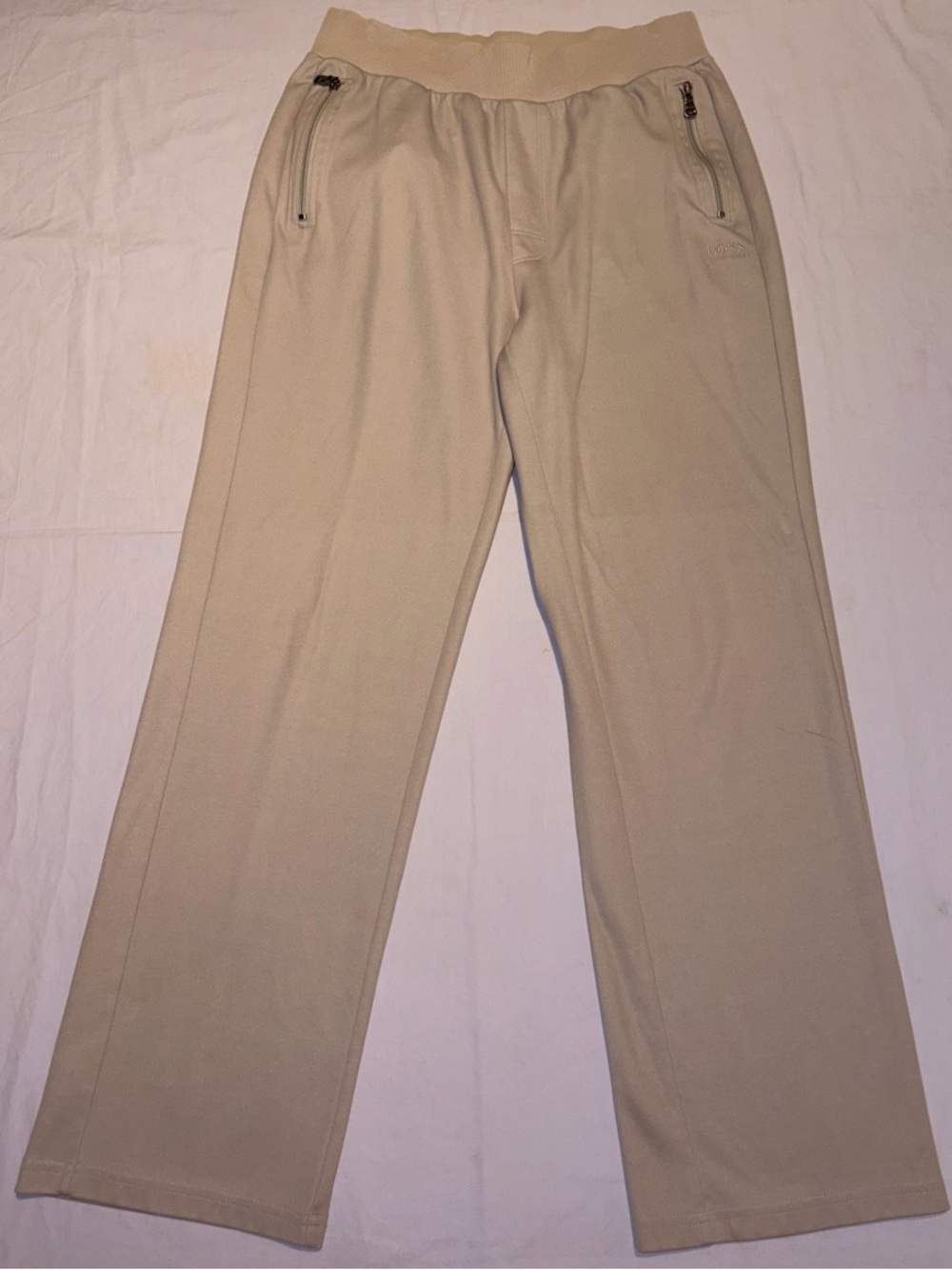 Hugo Boss Men's Beige Cotton Blend Ribbed Waistband Jogger Pants Size Small